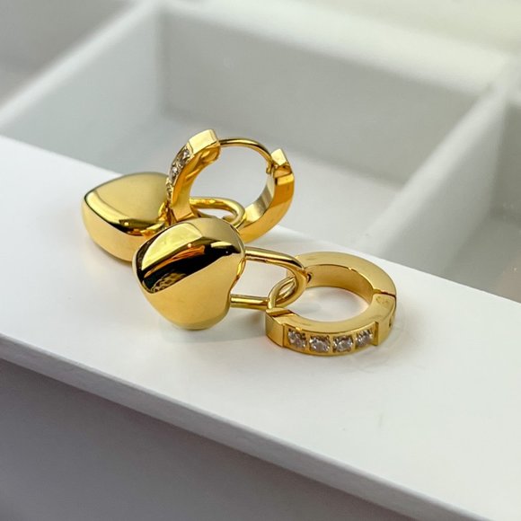 Gold Plated Huggie Hoop Heart Earrings Heart Pendant Earrings - Picture 5 of 11